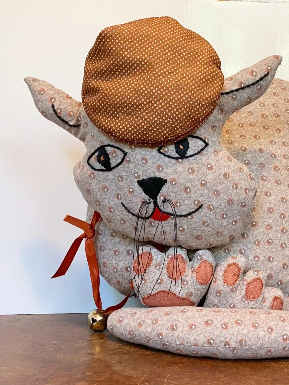 Quilted Cat Hat Pillow Rustic Cottage Country Plushie Decorative Vintage